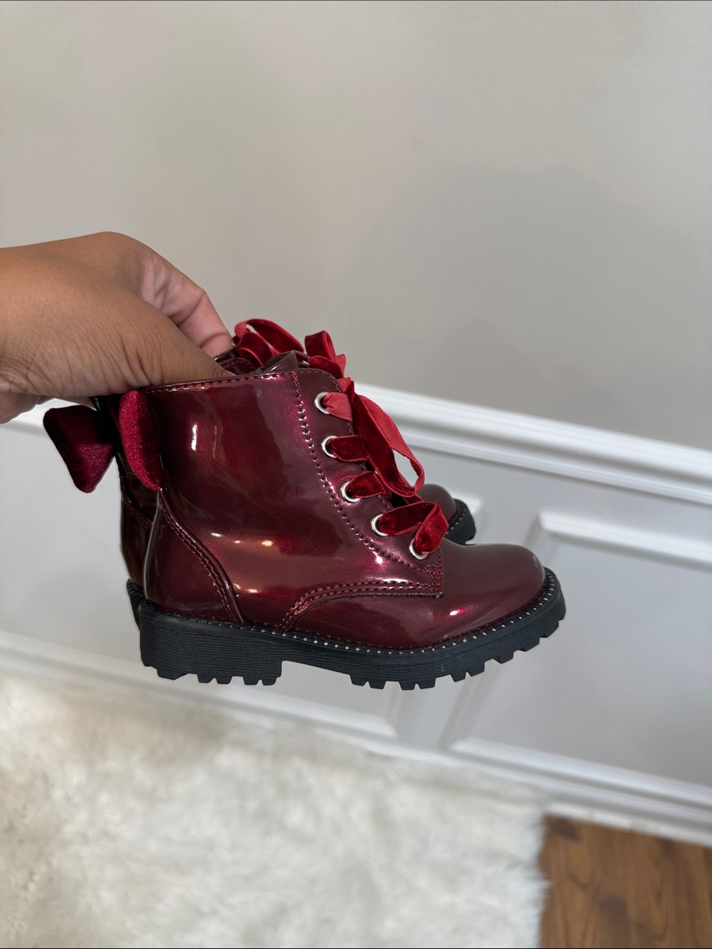 Girl Burgundy Lace-Up Patent Combat Boots